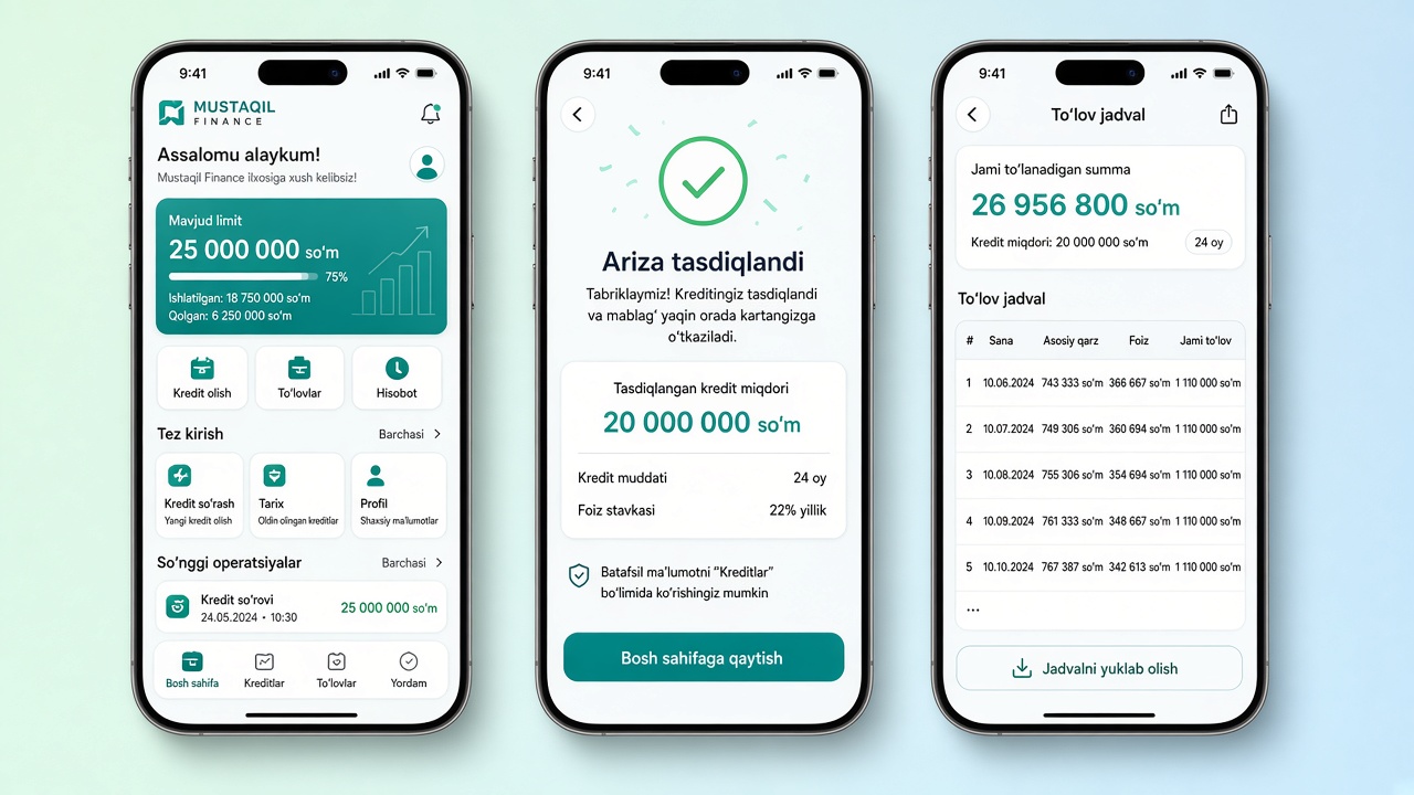 Mustaqil Finance — ilova ekranlari, ariza tasdiqlandi